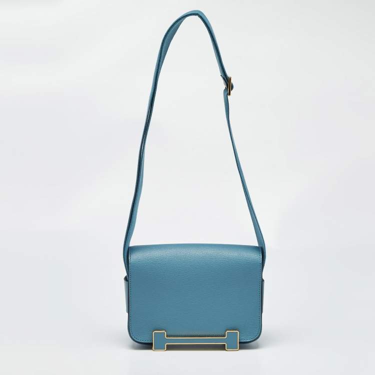 Pre Owned Hermes Bleu Jean Chevre Mysore Leather Gold Finish Geta Bag