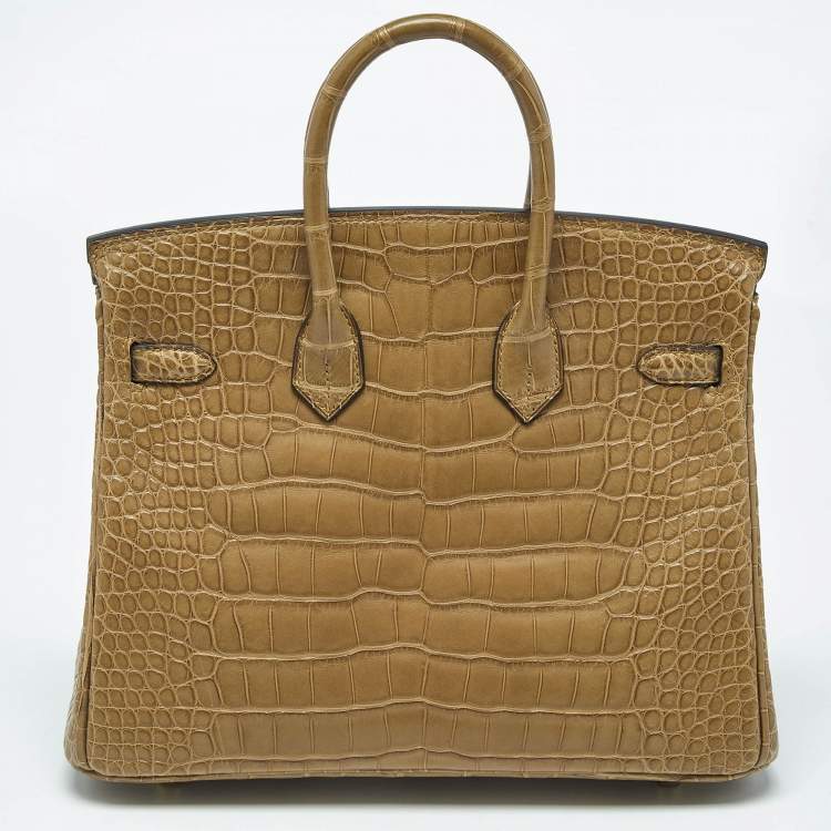 Pre Owned Hermes Poussiere Alligator Gold Finish Birkin 25 Bag