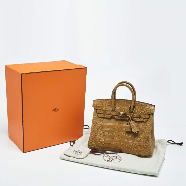 Pre Owned Hermes Poussiere Alligator Gold Finish Birkin 25 Bag
