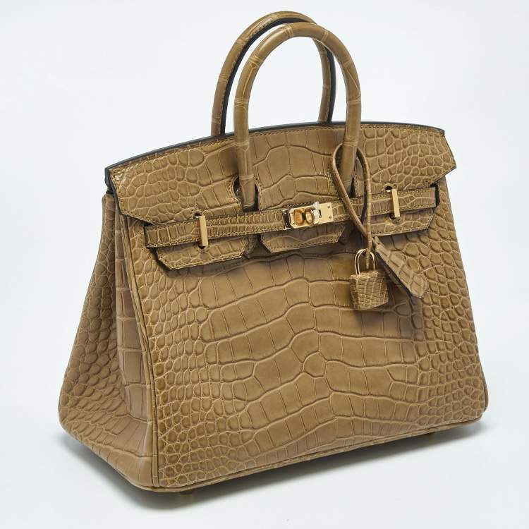 Pre Owned Hermes Poussiere Alligator Gold Finish Birkin 25 Bag