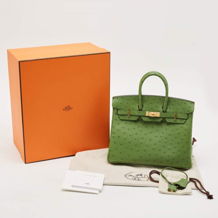 Pre Owned Hermès Vert Yucca Ostrich Gold Finish Birkin 25 Bag