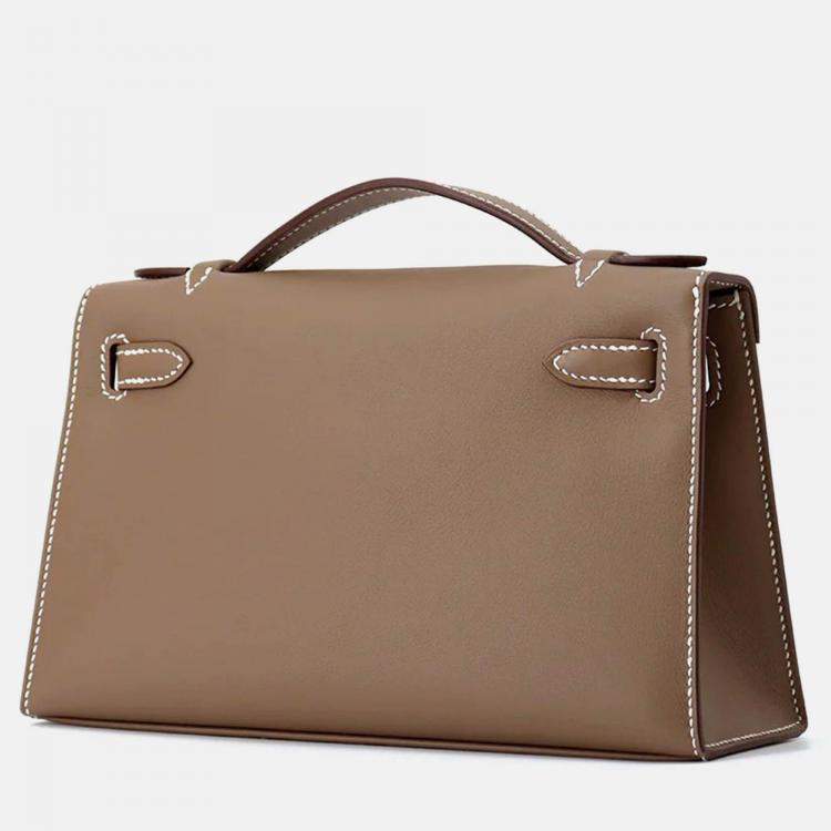 Pre Owned Hermes Pochette Kelly Etoupe Swift Leather Bag