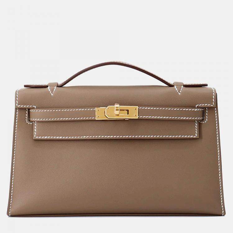 Pre Owned Hermes Pochette Kelly Etoupe Swift Leather Bag
