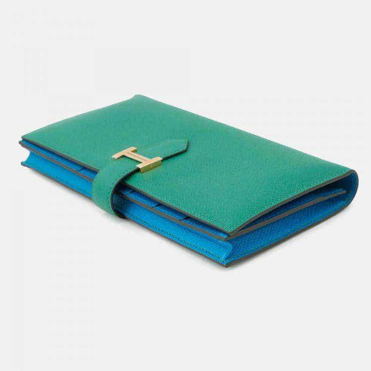 Pre Owned Hermes Bearnsfre Verso Vert Jade/Blue Zanzibar Epsom Wallet