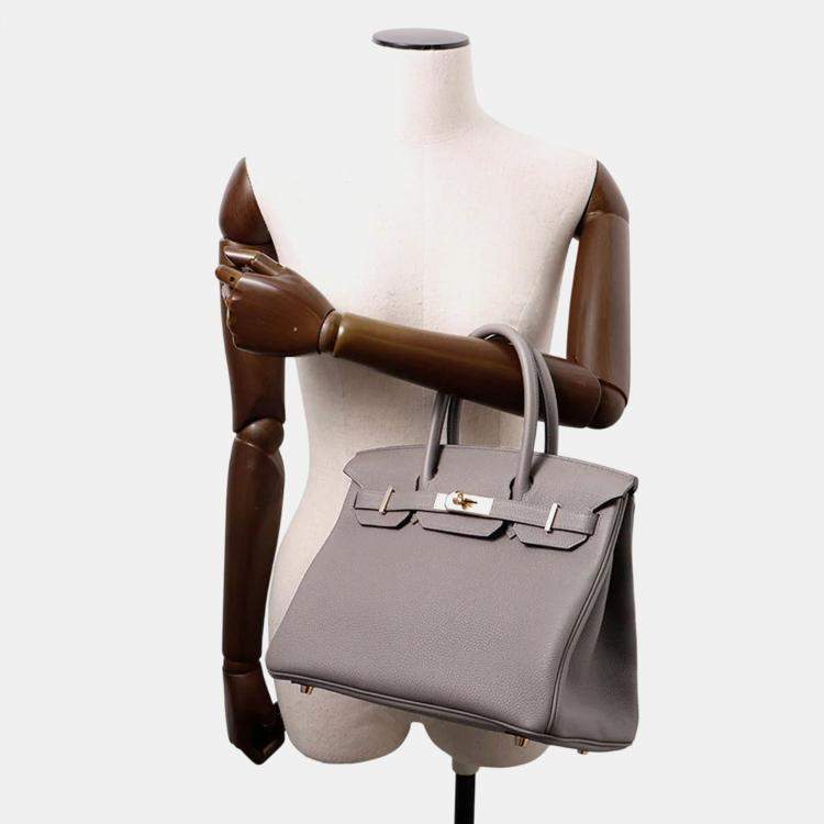 Pre Owned Hermes Birkin 30 Gris Meyer Togo Leather Bag 