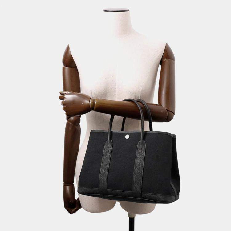 Pre Owned Hermes Garden Party TPM Black Toile Military Negonda Leather Bag 