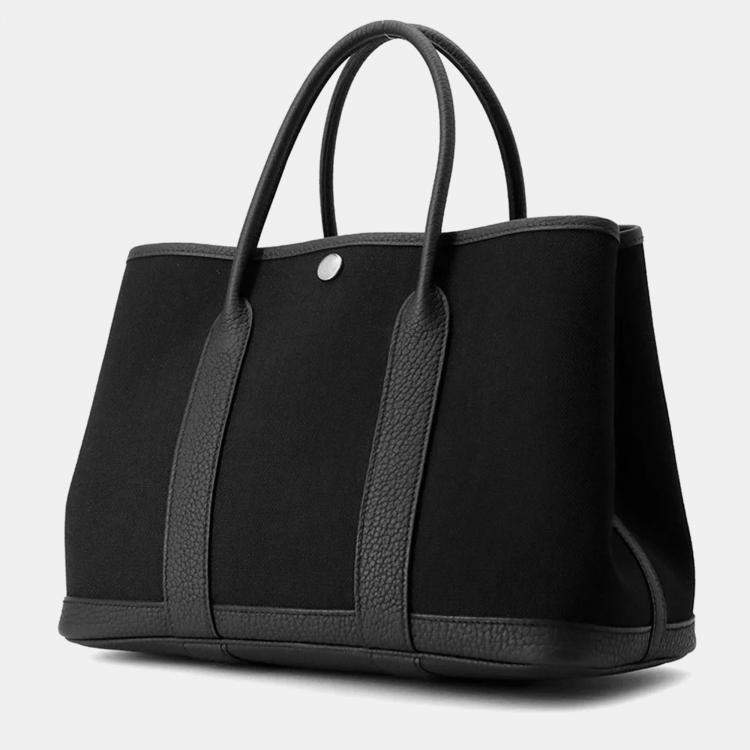 Pre Owned Hermes Garden Party TPM Black Toile Military Negonda Leather Bag 