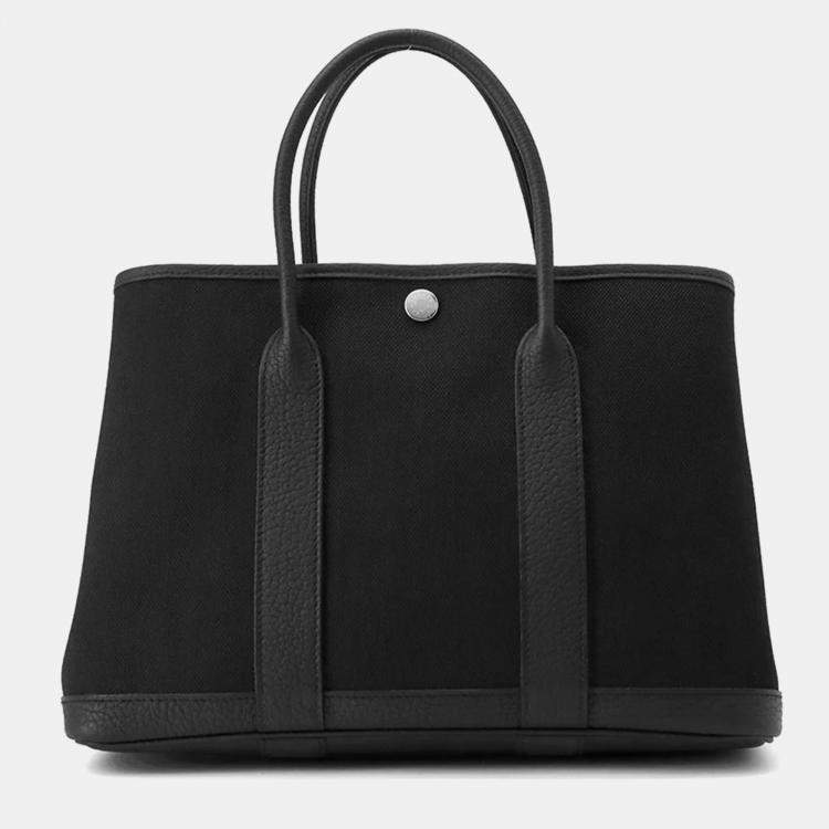 Pre Owned Hermes Garden Party TPM Black Toile Military Negonda Leather Bag 