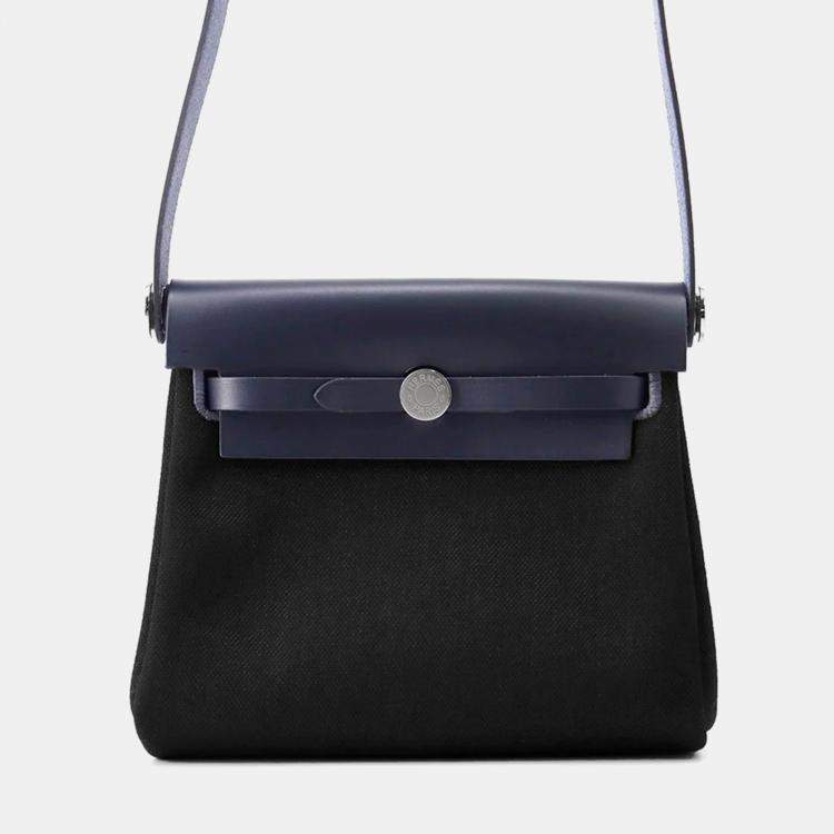 Pre Owned Hermes Herbag Mini Zip Blue Indigo/Black Toile Military Vache Hunter Leather 