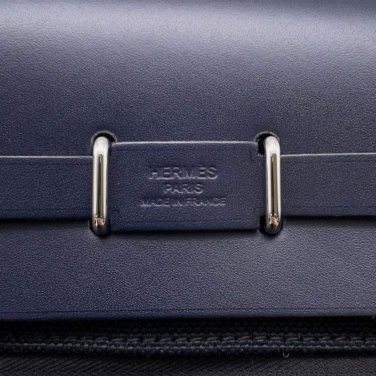 Pre Owned Hermes Herbag Mini Zip Blue Indigo/Black Toile Military Vache Hunter Leather 
