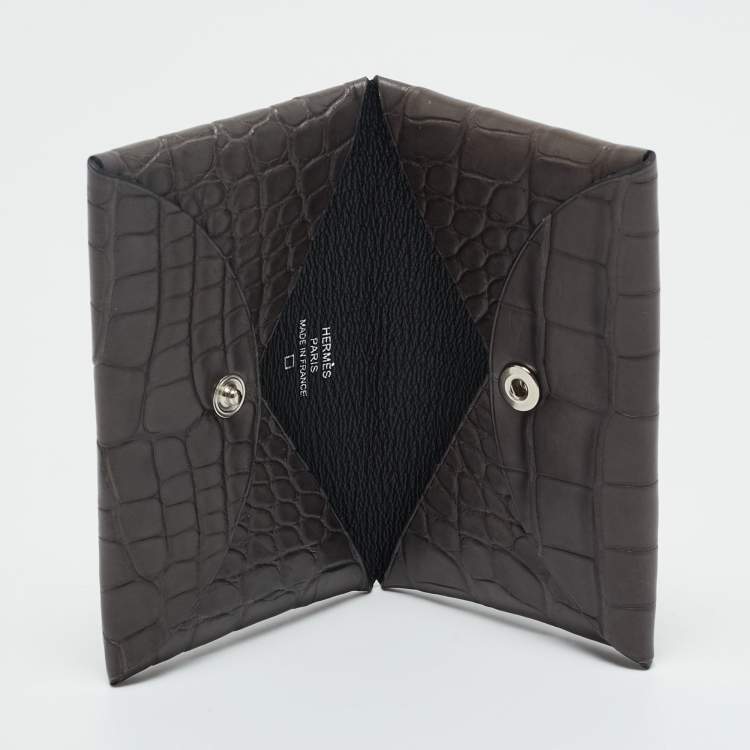 Pre Owned Hermès Graphite Matte Alligator Calvi Card Holder