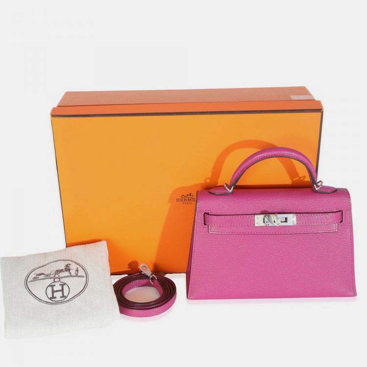 Pre Owned Hermes Rose Pourpre Chevre Mysore Sellier Mini Kelly 20 II SHW