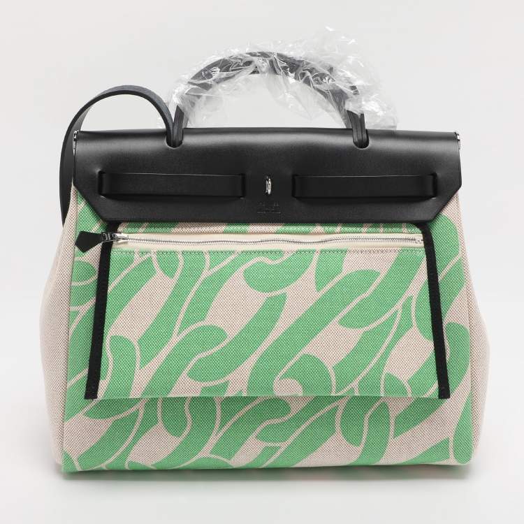 Pre Owned Hermès Vert Comics/Black H Plume Canvas and Vache Hunter Leather Maillons & Co Motif Herbag Zip 31 Bag