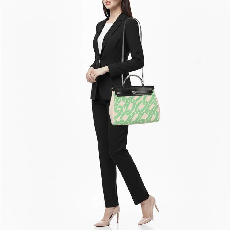 Pre Owned Hermès Vert Comics/Black H Plume Canvas and Vache Hunter Leather Maillons & Co Motif Herbag Zip 31 Bag