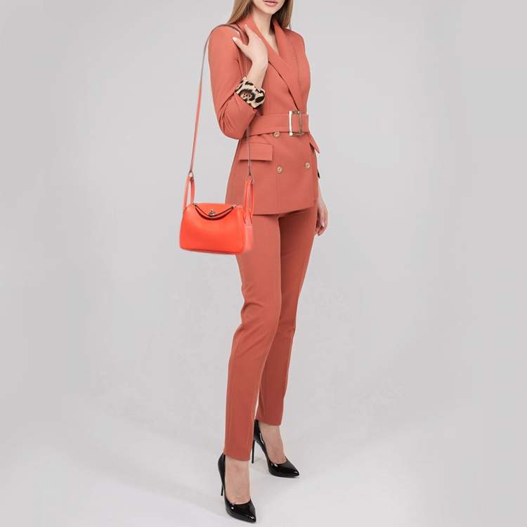 مملوكة مسبقًا Hermes Orange Field Taurillon Clemence Leather Palladium Finish Mini Lindy Bag