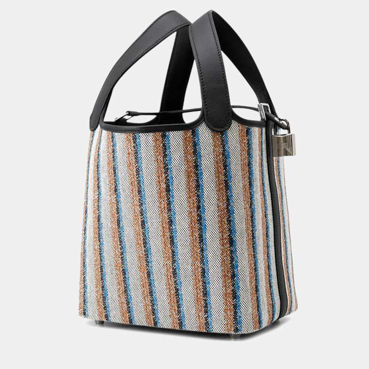 Pre Owned Hermes Picotin Lock 18  Blanket Black /Ecru/Fauve/Blue Zanzibar Toile H Swift Leather Bag