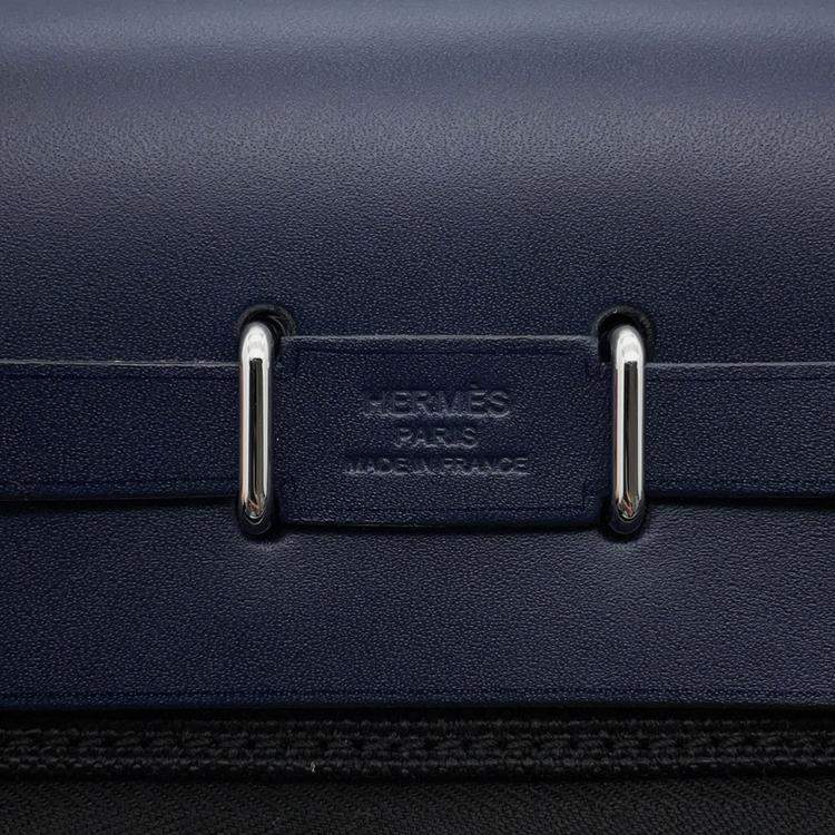 Pre Owned Hermes Herbag Zip Blue Indigo/Black Vache Hunter Leather Toile Military Mini Handbag