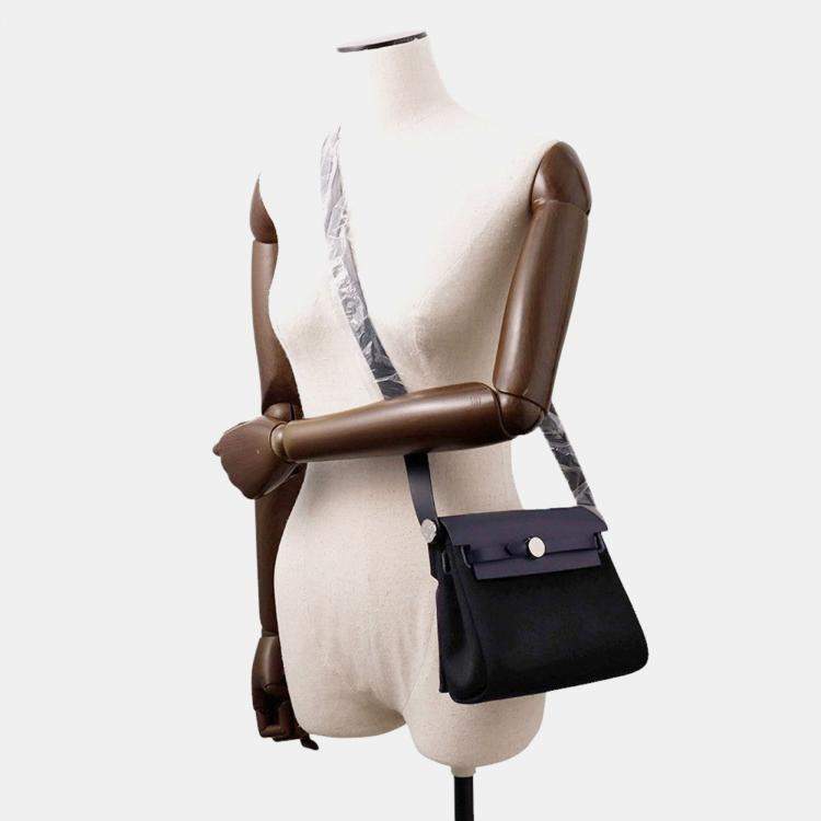 Pre Owned Hermes Herbag Zip Blue Indigo/Black Vache Hunter Leather Toile Military Mini Handbag