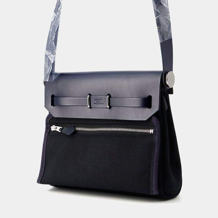 Pre Owned Hermes Herbag Zip Blue Indigo/Black Vache Hunter Leather Toile Military Mini Handbag