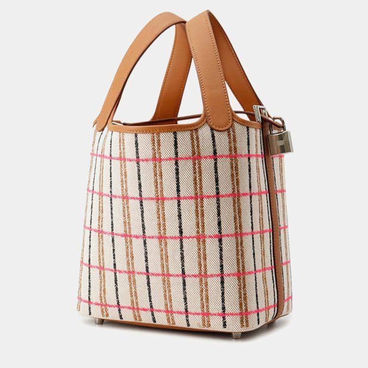 Pre Owned Hermes Picotin Lock Blanket Gold/Ecru/Fauve/Rose Pop Toile H Swift Leather Size PM