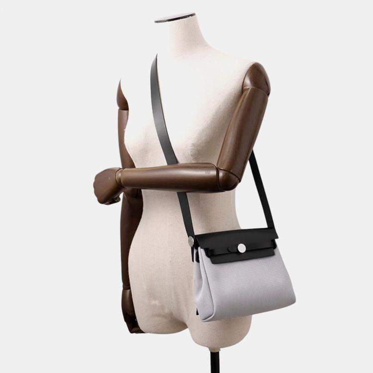 Pre Owned Hermes Herbag Zip Black/Gray Pantan Toile Military Vache Hunter Leather Size Mini