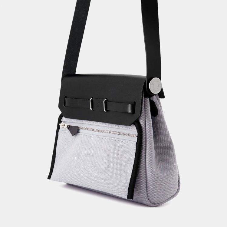 Pre Owned Hermes Herbag Zip Black/Gray Pantan Toile Military Vache Hunter Leather Size Mini