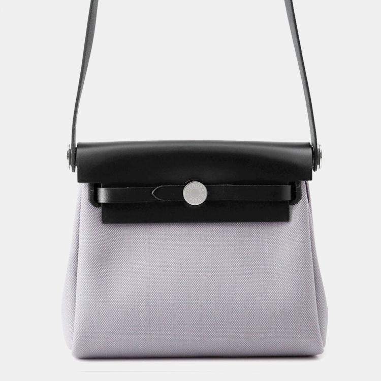 Pre Owned Hermes Herbag Zip Black/Gray Pantan Toile Military Vache Hunter Leather Size Mini