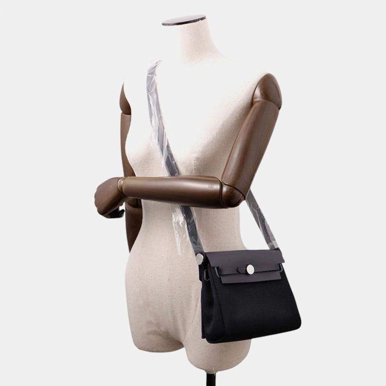 Pre Owned Hermes Herbag Zip Blue Indigo/Black Toile Military Vache Hunter Leather Size Mini