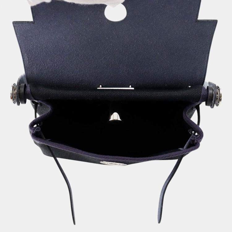Pre Owned Hermes Herbag Zip Blue Indigo/Black Toile Military Vache Hunter Leather Size Mini