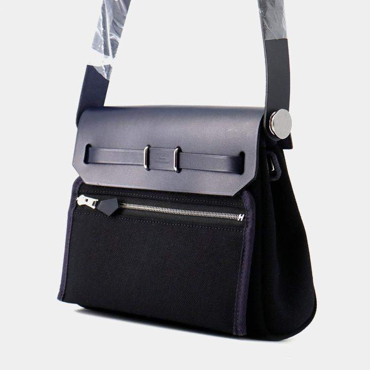 Pre Owned Hermes Herbag Zip Blue Indigo/Black Toile Military Vache Hunter Leather Size Mini