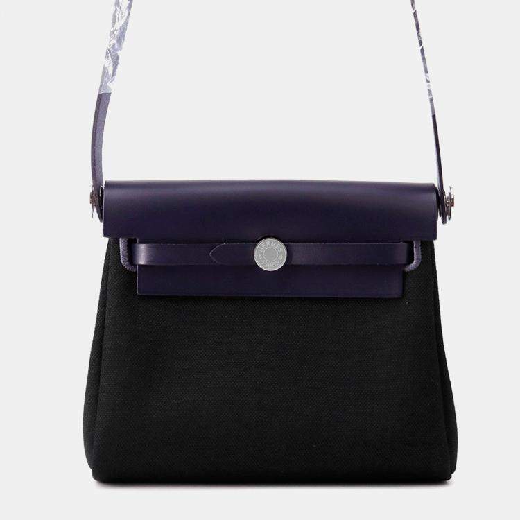 Pre Owned Hermes Herbag Zip Blue Indigo/Black Toile Military Vache Hunter Leather Size Mini