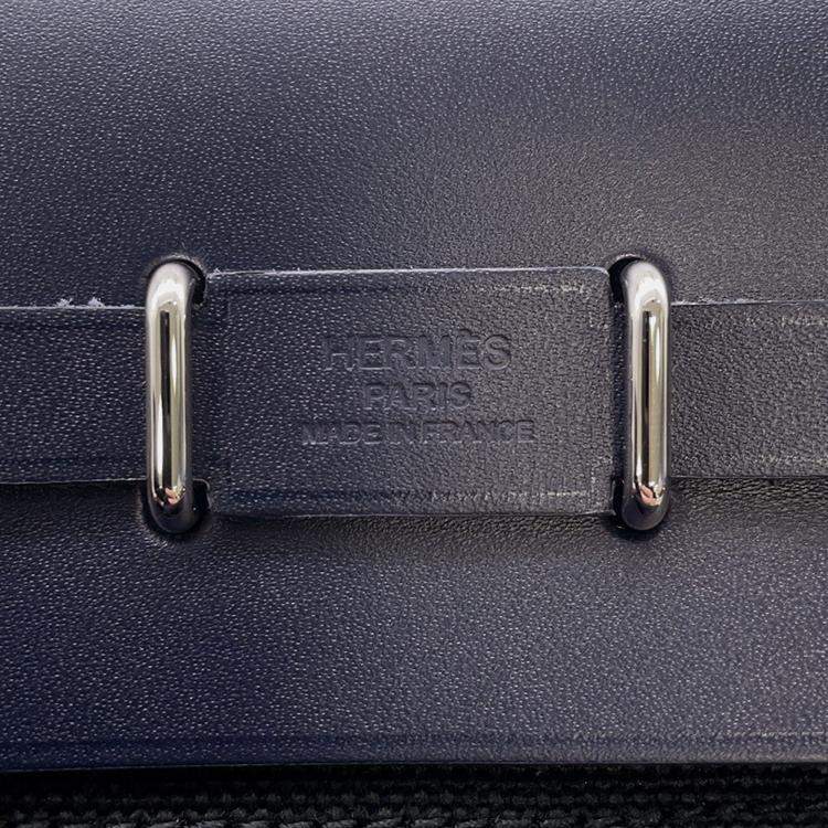 Pre Owned Hermes Herbag Zip Blue Indigo/Black Toile Military Vache Hunter Leather Size Mini