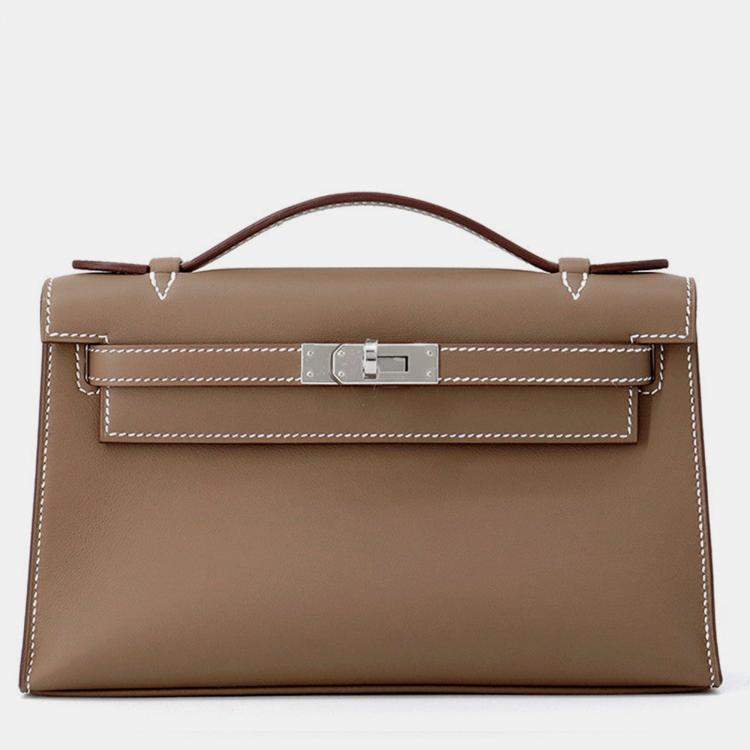 Pre Owned Hermes Pochette kelly Etoupe Swift Leather