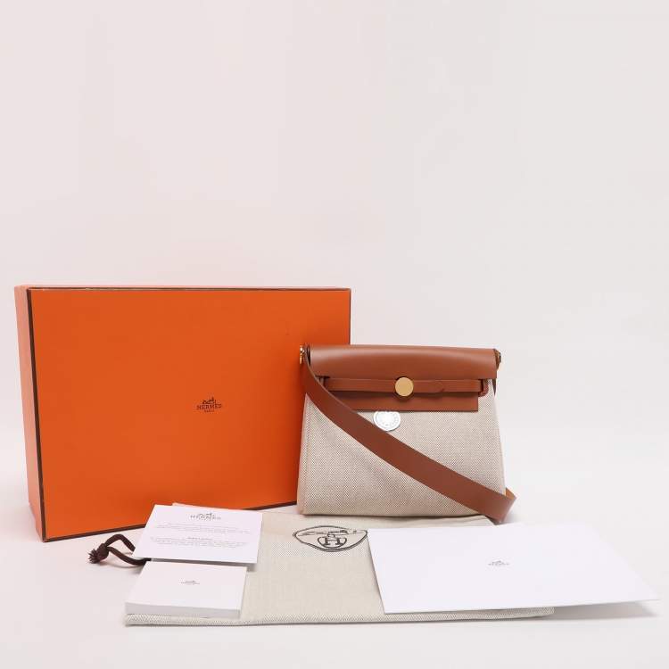 Pre Owned Hermes Herbag 20 Gold Plated Beige/Brown Canvas and  Leather Bag