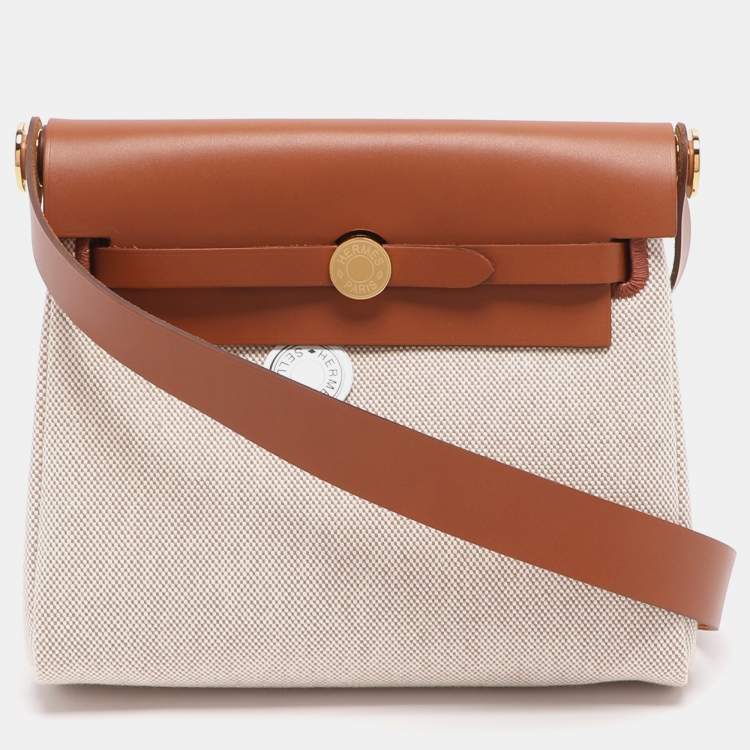 Pre Owned Hermes Herbag 20 Gold Plated Beige/Brown Canvas and  Leather Bag