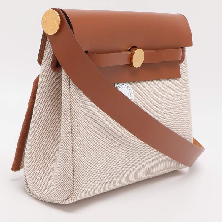 Pre Owned Hermes Herbag 20 Gold Plated Beige/Brown Canvas and  Leather Bag