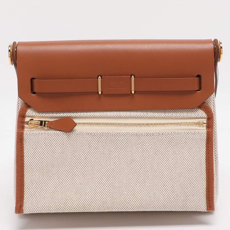 Pre Owned Hermes Herbag 20 Gold Plated Beige/Brown Canvas and  Leather Bag