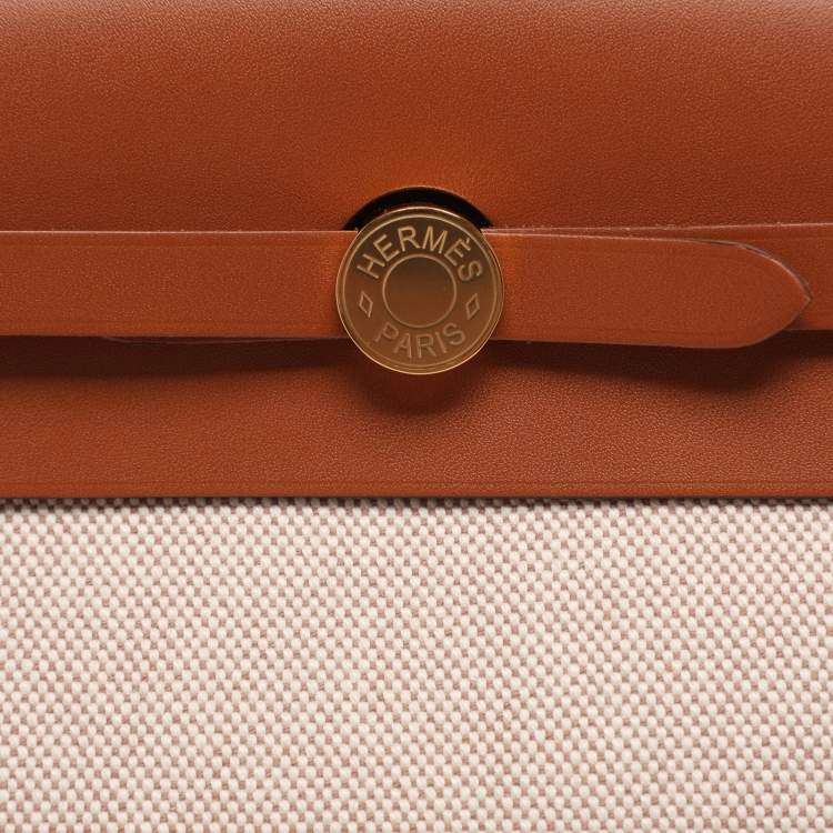 Pre Owned Hermes Herbag 20 Gold Plated Beige/Brown Canvas and  Leather Bag