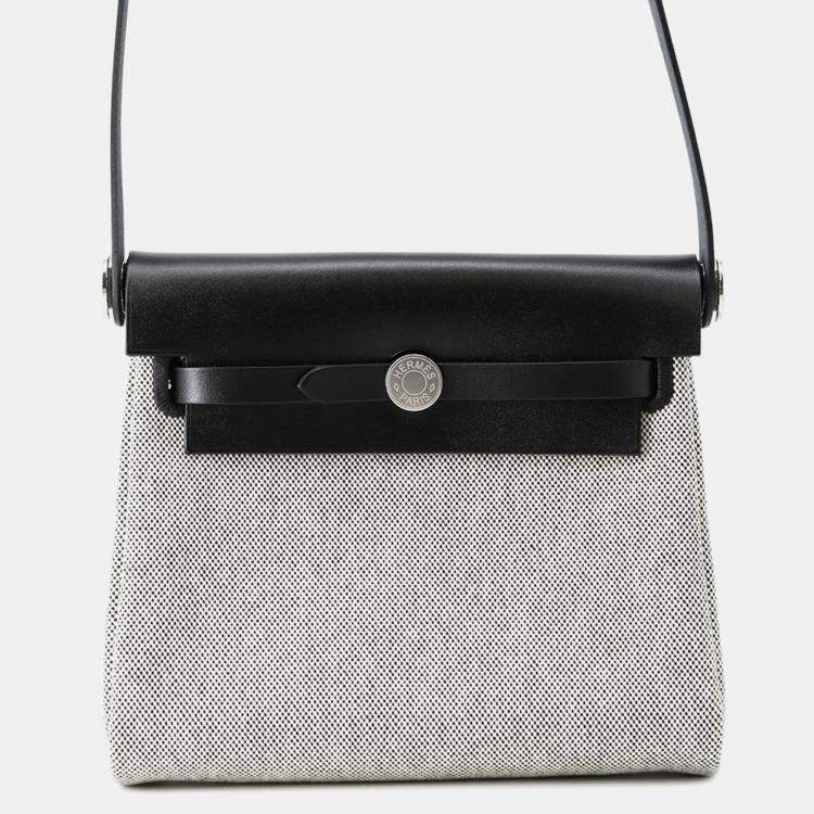 Pre Owned Hermes Herbag Zip Mini Black/Ecru Toile H Vache Hunter Leather Bag 