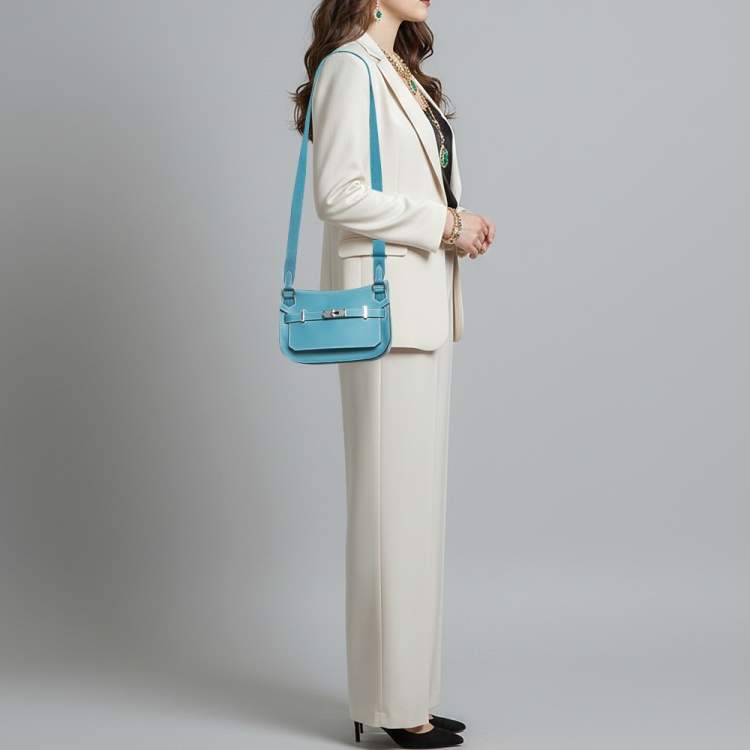 Pre Owned Hermes Jypsiere Mini Palladium Finish Bleu Jean Evercolor Leather Shoulder Bag