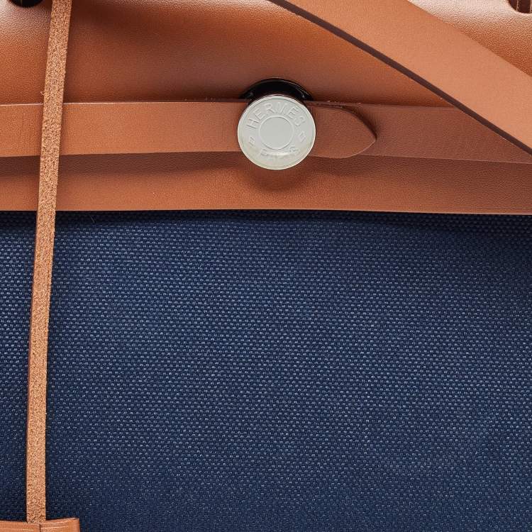 Pre Owned Hermès Herbag Zip 31 Bleu Indigo/Fauve Toile and Vache Hunter Top Handle Bag
