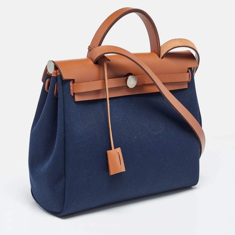Pre Owned Hermès Herbag Zip 31 Bleu Indigo/Fauve Toile and Vache Hunter Top Handle Bag