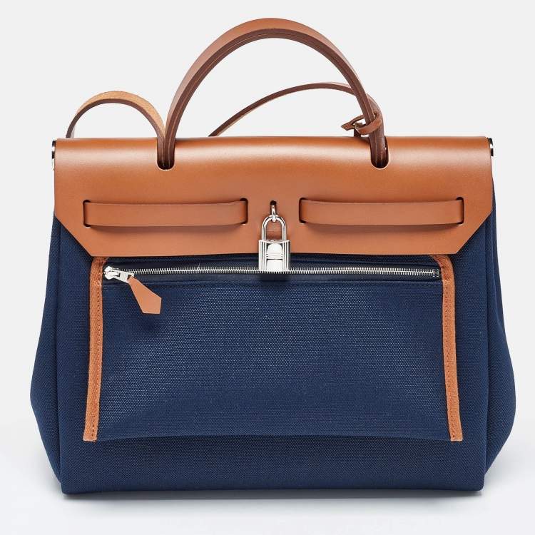 Pre Owned Hermès Herbag Zip 31 Bleu Indigo/Fauve Toile and Vache Hunter Top Handle Bag