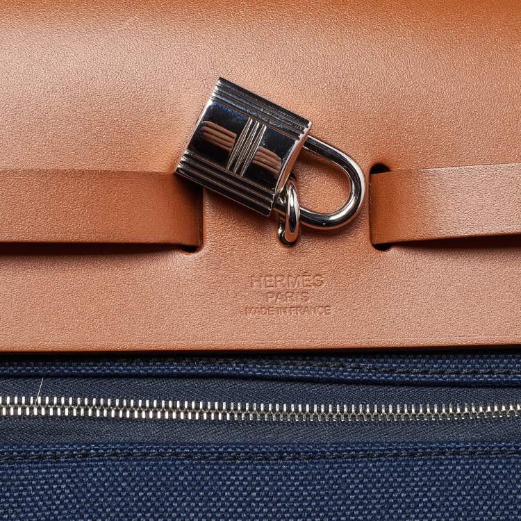 Pre Owned Hermès Herbag Zip 31 Bleu Indigo/Fauve Toile and Vache Hunter Top Handle Bag