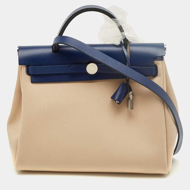 Pre Owned Hermes Herbag Zip 31 Beige/Bleu Saphir Toile and Vache Hunter Top Handle Bag