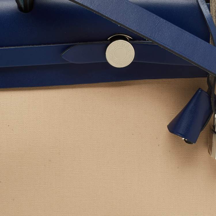 Pre Owned Hermes Herbag Zip 31 Beige/Bleu Saphir Toile and Vache Hunter Top Handle Bag