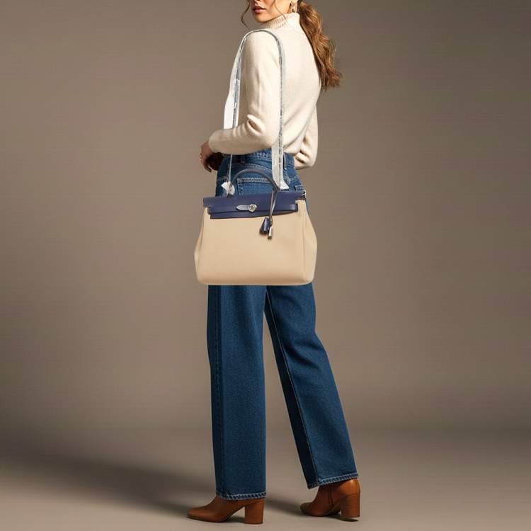 Pre Owned Hermes Herbag Zip 31 Beige/Bleu Saphir Toile and Vache Hunter Top Handle Bag