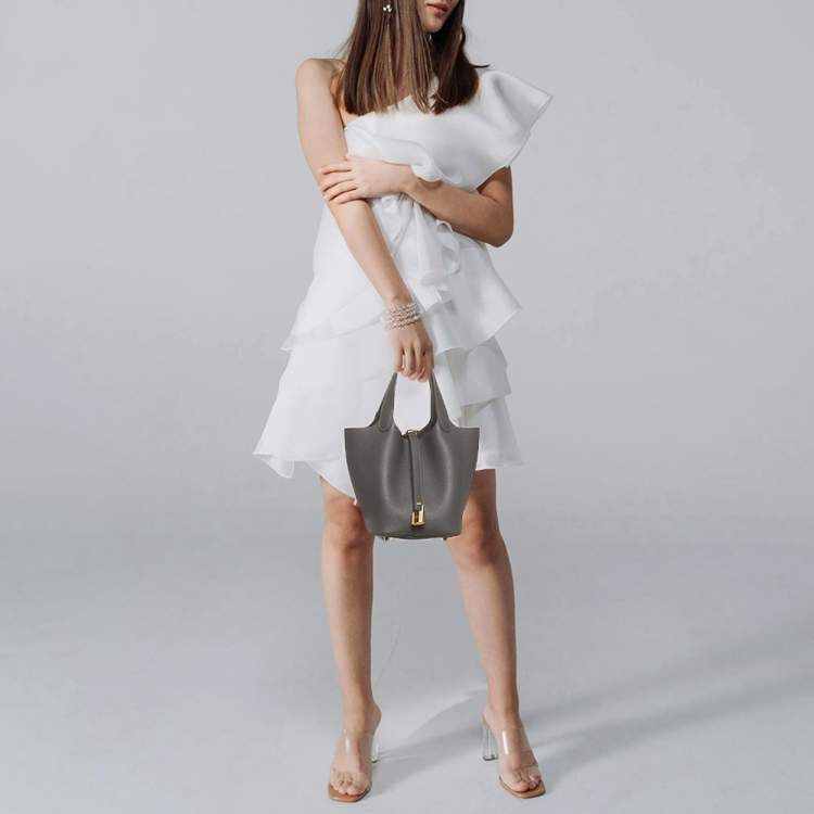 Pre Owned Hermès Picotin Lock 18 Gris Misty Taurillon Clemence Leather Tote