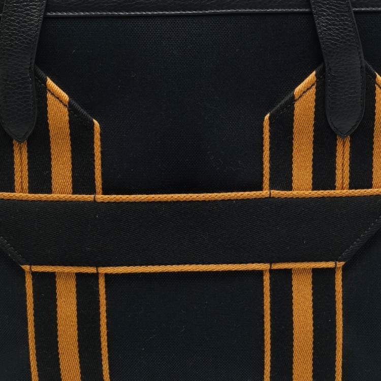 Pre Owned Hermes Pursangle MM Noir/Caramel Militaire Toile and Taurillon Clemence Leather Tote