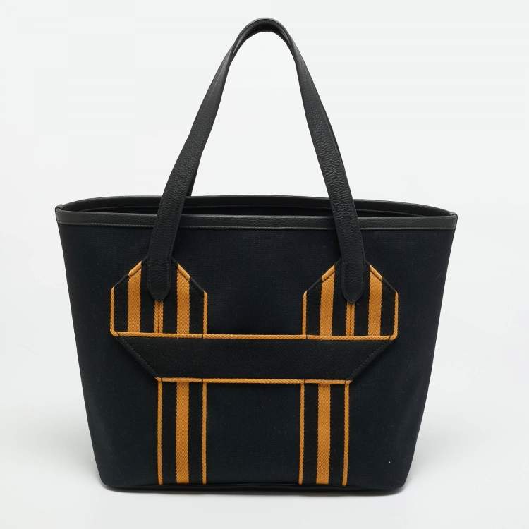 Pre Owned Hermes Pursangle MM Noir/Caramel Militaire Toile and Taurillon Clemence Leather Tote